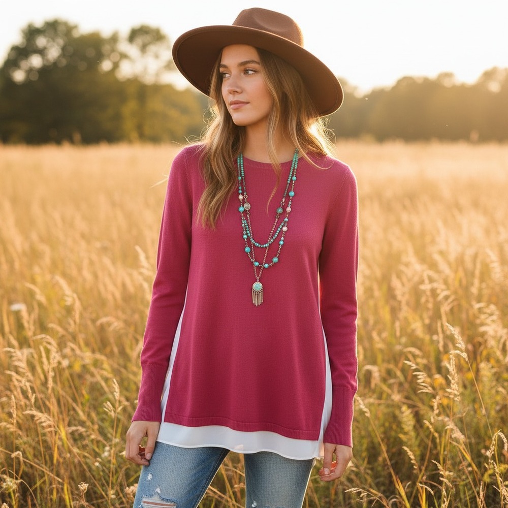 Loft S Sweater Pink Colorblock Cottage Coquette Fairy Boho Chic Preppy Casual
